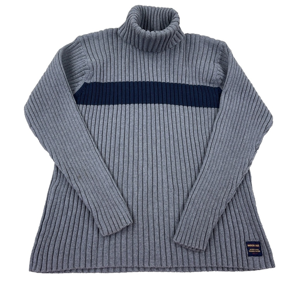 Vintage‎ Y2K American Eagle Sweater Women XL Gray Ribbed Turtle Neck Heavy Knit